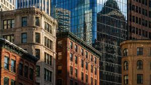Close-up view of Boston architecture showing historic brick buildings and modern glass towers