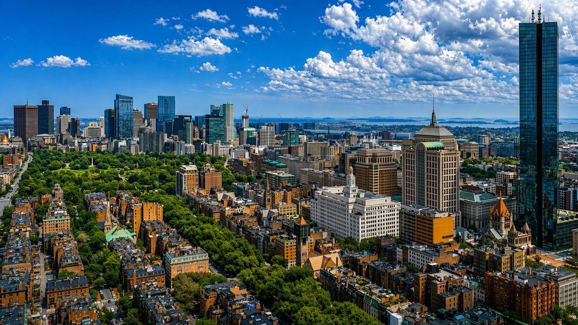Aerial view of Boston Back Bay skyline with Charles River and city buildings